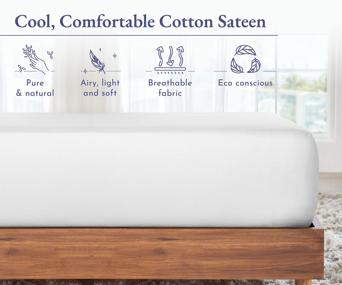 California Design Den 100% Cotton Fitted Sheet Queen Size, Deep Pocket, Durable Sateen, All-Around Elastic, Head/Foot Side Indicators, White Fitted Sheet Queen Only