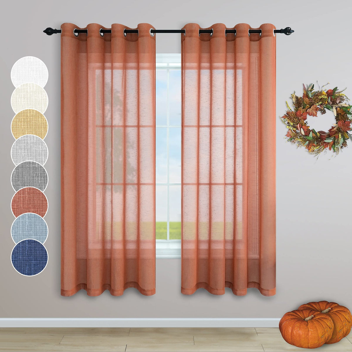 Terracotta Curtains 63 Inch Length for Kitchen 2 Panels Set Grommet Semi Transparent Voile Sheer Linen Rust Boho Curtains for Bedroom Girls Room Nursery Teen Brick Red Brown Burnt Orange Decor 63 Long