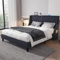 VECELO Queen Bed Frame with Type-C & USB Port, Wingback Headboard, Upholstered Platform Bedframe with Charging Station & Side Po