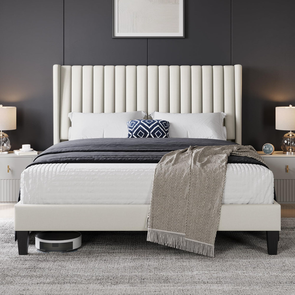 Yaheetech Queen Bed Frame Upholstered Platform Bed With Fabric Headboard, Wing Edge Design/Non-Slip And Noise-Free/Wooden Slats Support/No Box Spring Needed/Easy Assembly, Beige Queen Bed