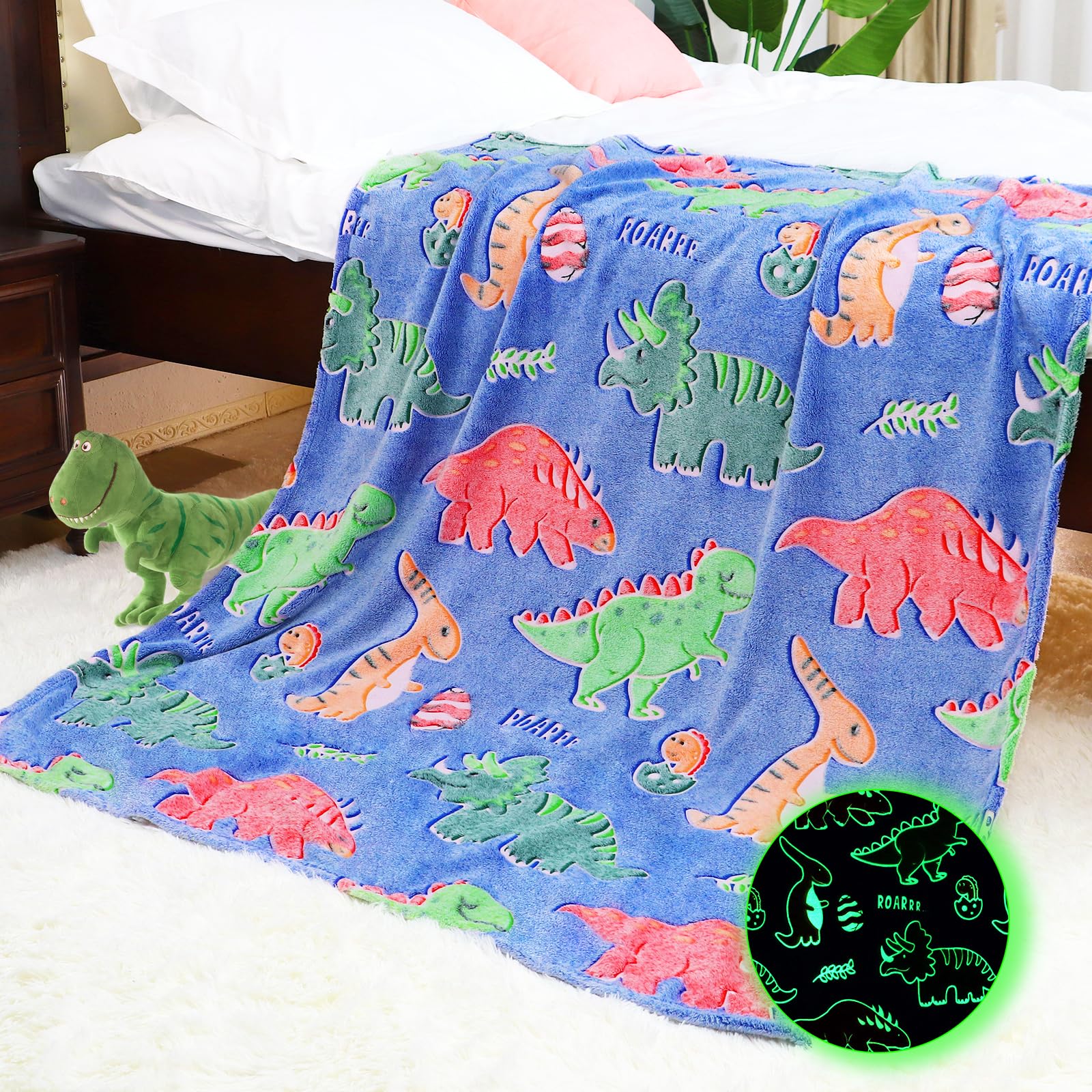 Imuku Dinosaur Blanket Glow In The Dark Blankets For Boys Kids Dinosaur Gifts Toys Stuff Cute Dino Decor Red Green Throw Blanket