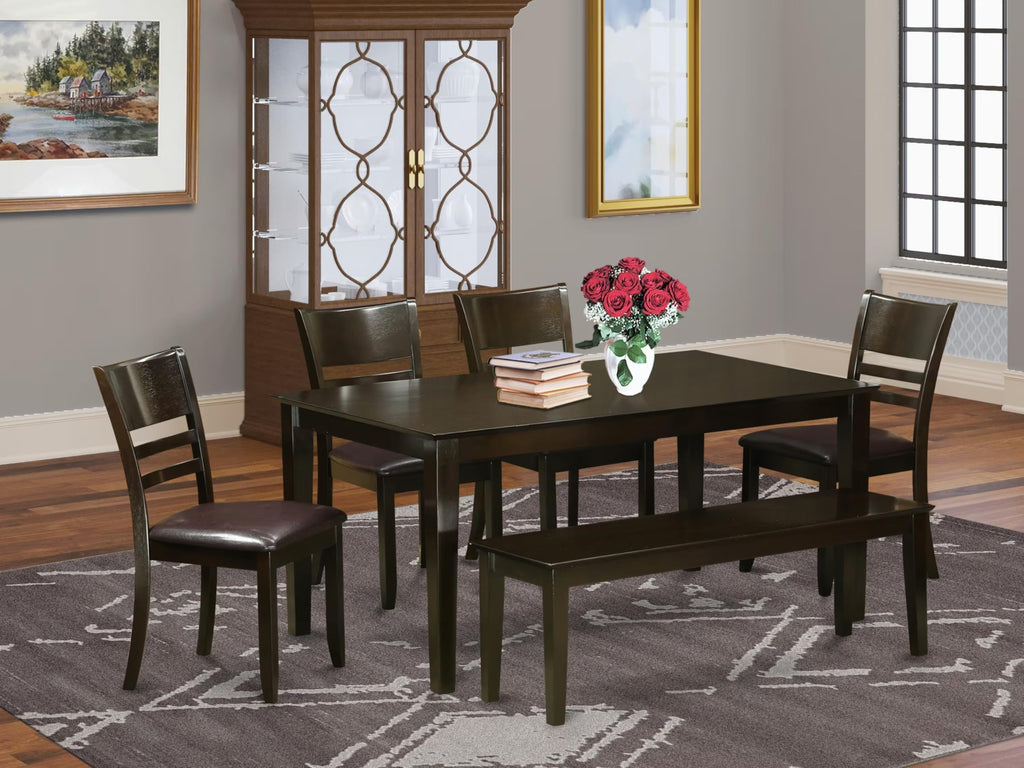 East West Furniture CALY6-CAP-LC Capri 6 Piece Set Contains a Rectangle Dining Room Table and 4 Faux Leather Kitchen Chairs with a Bench, 36x60 Inch, Cappuccino