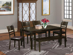 East West Furniture CALY6-CAP-LC Capri 6 Piece Set Contains a Rectangle Dining Room Table and 4 Faux Leather Kitchen Chairs with a Bench, 36x60 Inch, Cappuccino