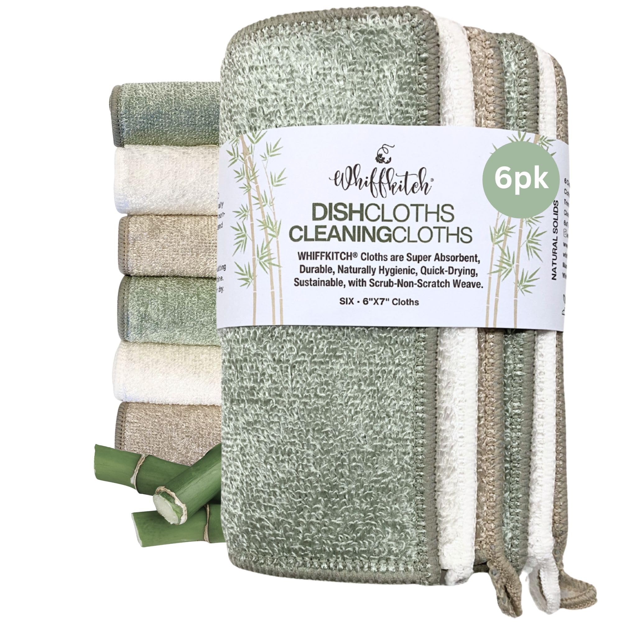 Whiffkitch Dishcloths Dishrags for Kitchen and Household Cleaning 6x7 6-Pack Non-Scratch 2-Ply Weave, Rayon Derived from Bamboo,
