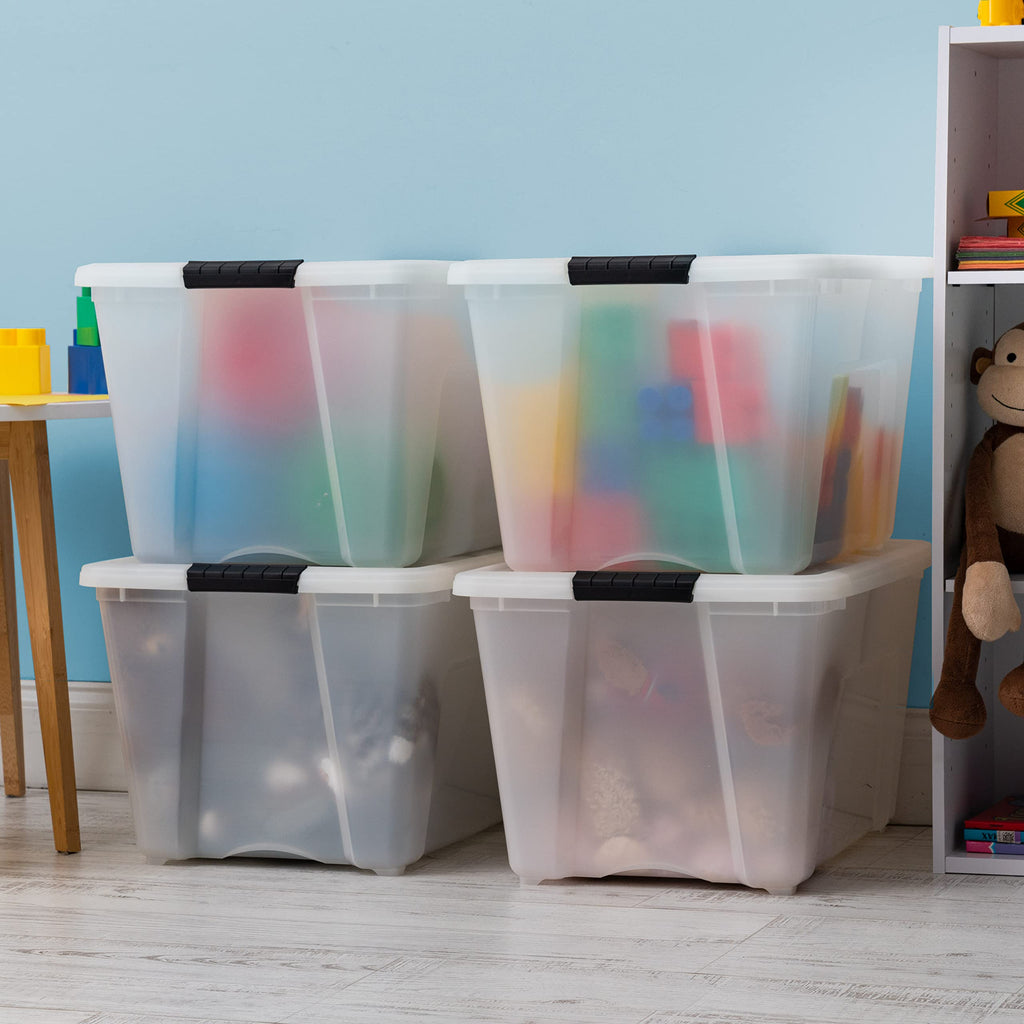 Iris Usa 54 Qt Stackable Plastic Storage Bins With Lids, 4 Pack - Bpa-Free, Made In Usa - Discreet Organizing Solution, Latches,