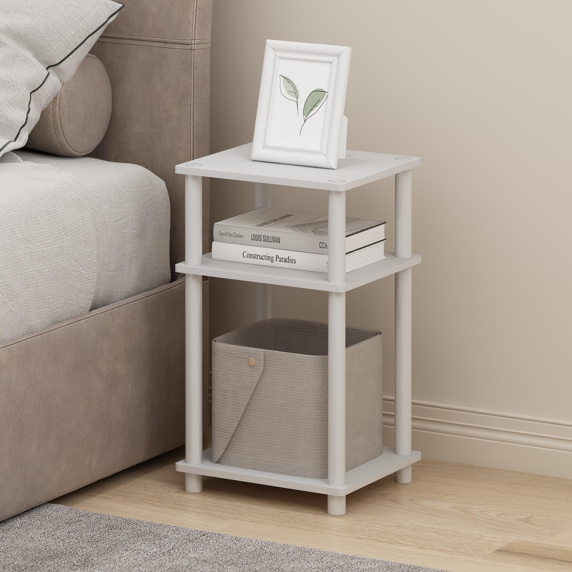 Furinno Just 3-Tier Turn-N-Tube Nightstand, 2-Pack, White/White