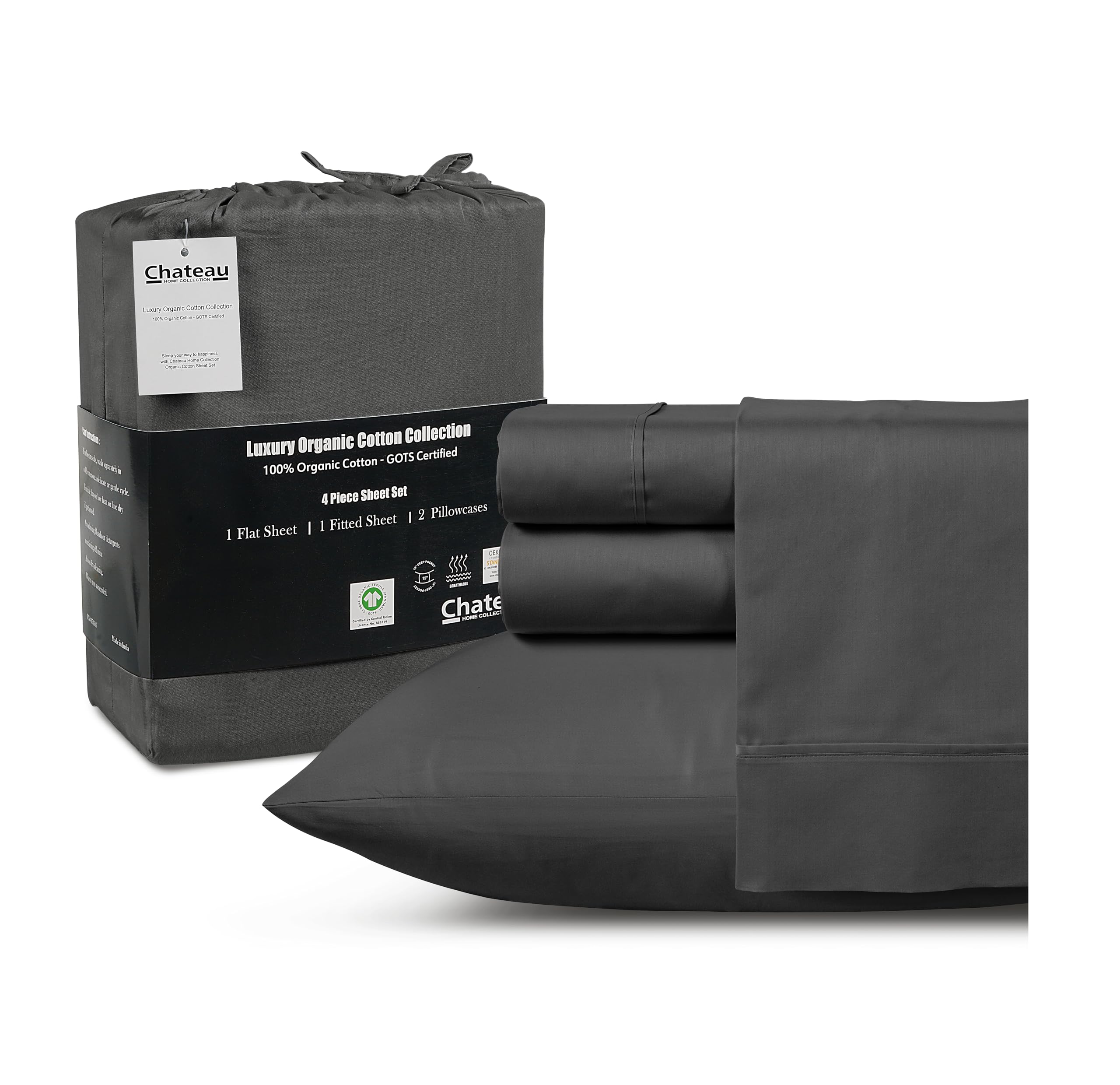 King Sheets- 100% Organic Cotton Sheets King Size Bed Sheets - Gots Certified 300 Tc Staple Cotton Sheets For King Size Bed, 4 Pc Breathable King Size Sheets Set, Deep Pocket King Sheet Set - Charcoal