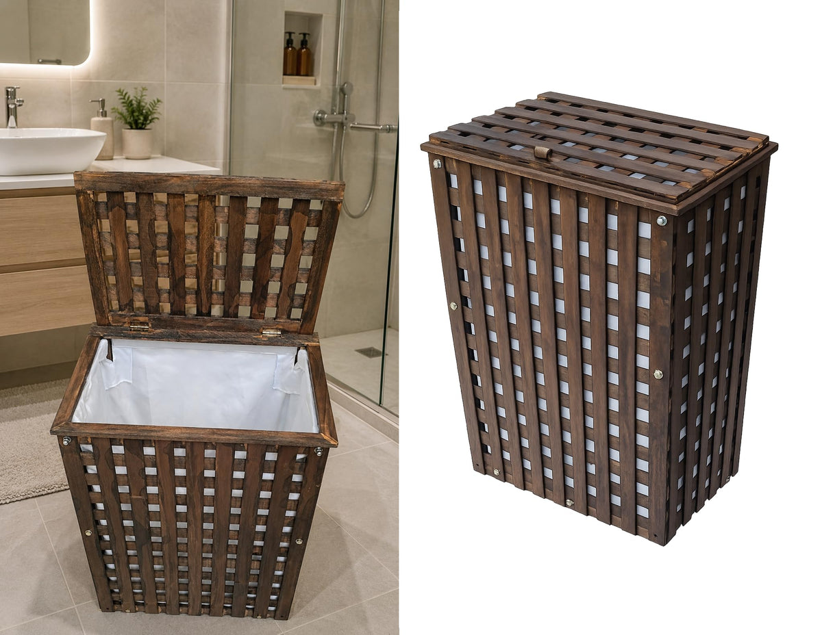 SSB Teak Wood Laundry Hamper with Lid, Slatted Design, Single Compartment Storage Basket (LaundryBin L)