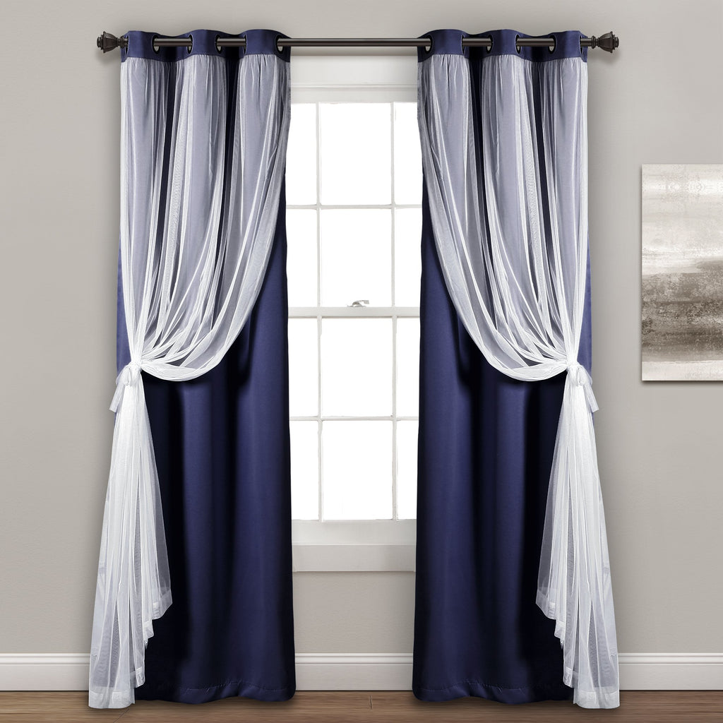 Lush Decor Sheer Grommet Curtains With Insulated Blackout Lining, Window Curtain Panels, Pair, 38''W X 84''L, Navy - Curtain Wit