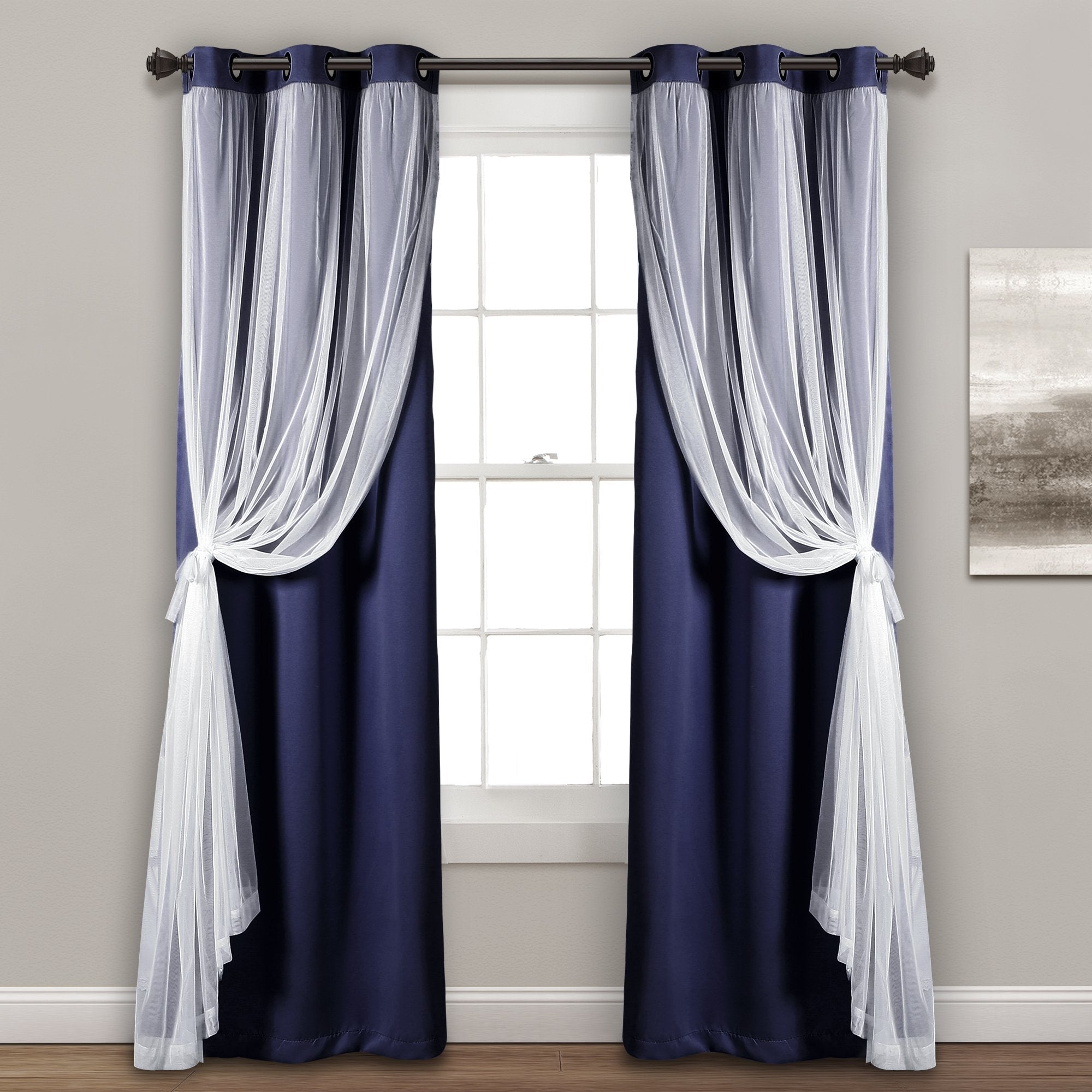 Lush Decor Sheer Grommet Curtains With Insulated Blackout Lining, Window Curtain Panels, Pair, 38''W X 84''L, Navy - Curtain Wit