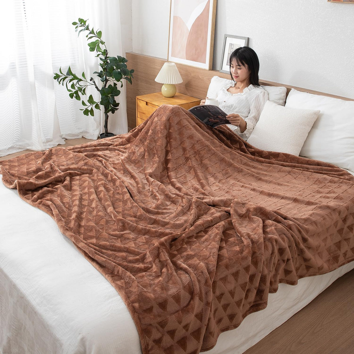 HOKIPO Fleece AC Throw Blanket Double Bed Queen, 200X230 cm / 6.5X7.5 Feet, Brown (AR4919BRN)