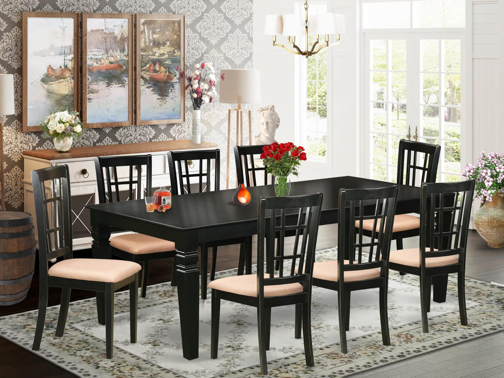 East West Furniture LGNI9-BLK-C 9 Piece Dining Room Furniture Set Includes a Rectangle Kitchen Table with Butterfly Leaf and 8 Linen Fabric Upholstered Chairs, 42x84 Inch, Black