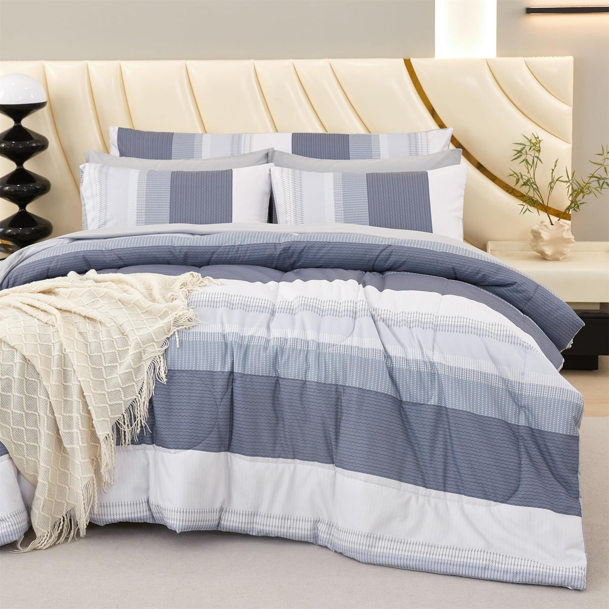 Rynghipy Full Size Bed Sets 8 Pieces: Light Grey Stripe Bedding Comforter Sets Soft Fluffy Microfiber Bed In A Bag All Season Be