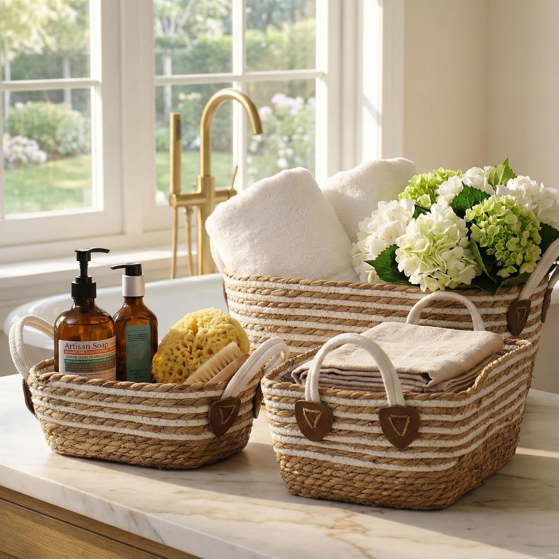 Knotty Rope Handcrafted Coastal Weave Storage Organizers | Rectangular Handwoven Jute Baskets With Fabric Handles For Bathroom, 