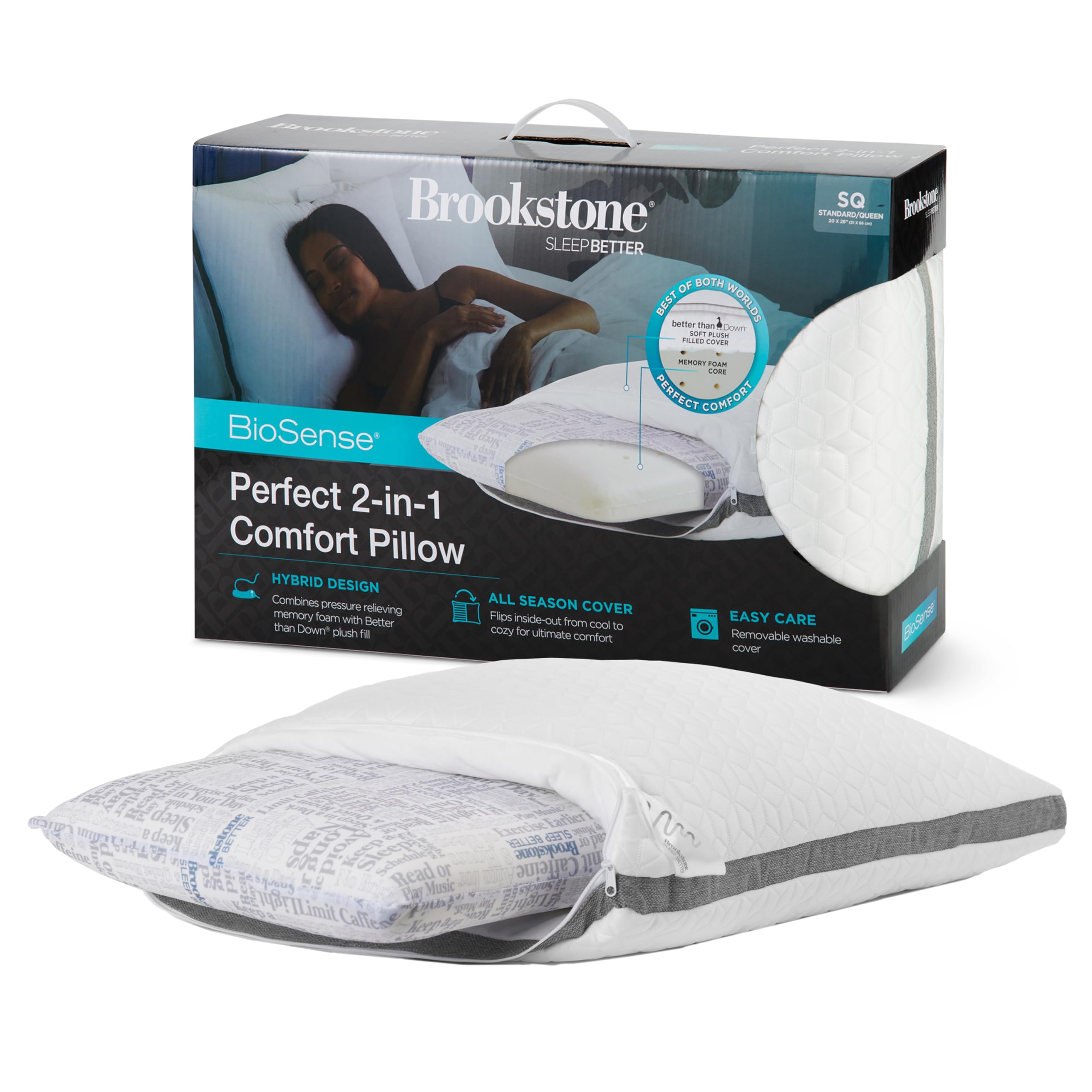 Brookstone 2-In-1 Comfort Memory Foam Pillow With Better Than Down Fill For Firm Yet Plush Feel | Innovative Hybrid Design Bed P