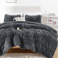 Smoofy Faux Fur Comforter Set King Size 3Pcs Dark Grey Fluffy Fuzzy Plush Comforter Set Cute Soft Shaggy Velvet Double-Sided Bed