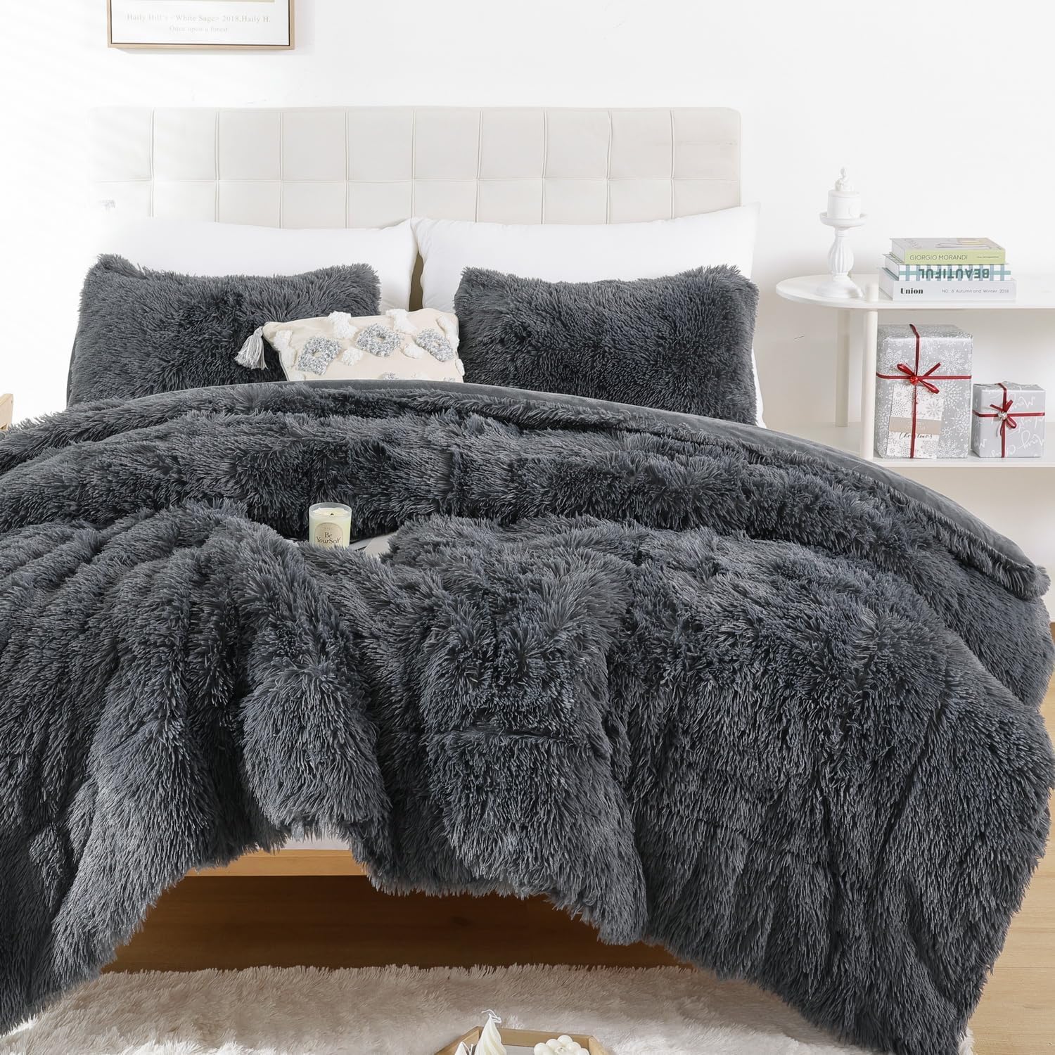 Smoofy Faux Fur Comforter Set King Size 3Pcs Dark Grey Fluffy Fuzzy Plush Comforter Set Cute Soft Shaggy Velvet Double-Sided Bed