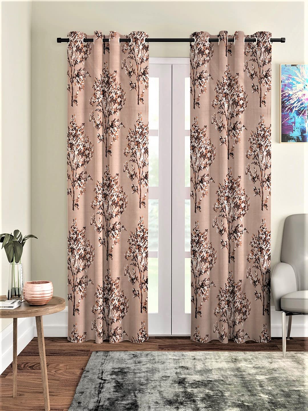 Fashion String 2 Piece Floral Blossoms Eyelet Polyester Door Semi Sheer Curtains  7 Feet, Brown