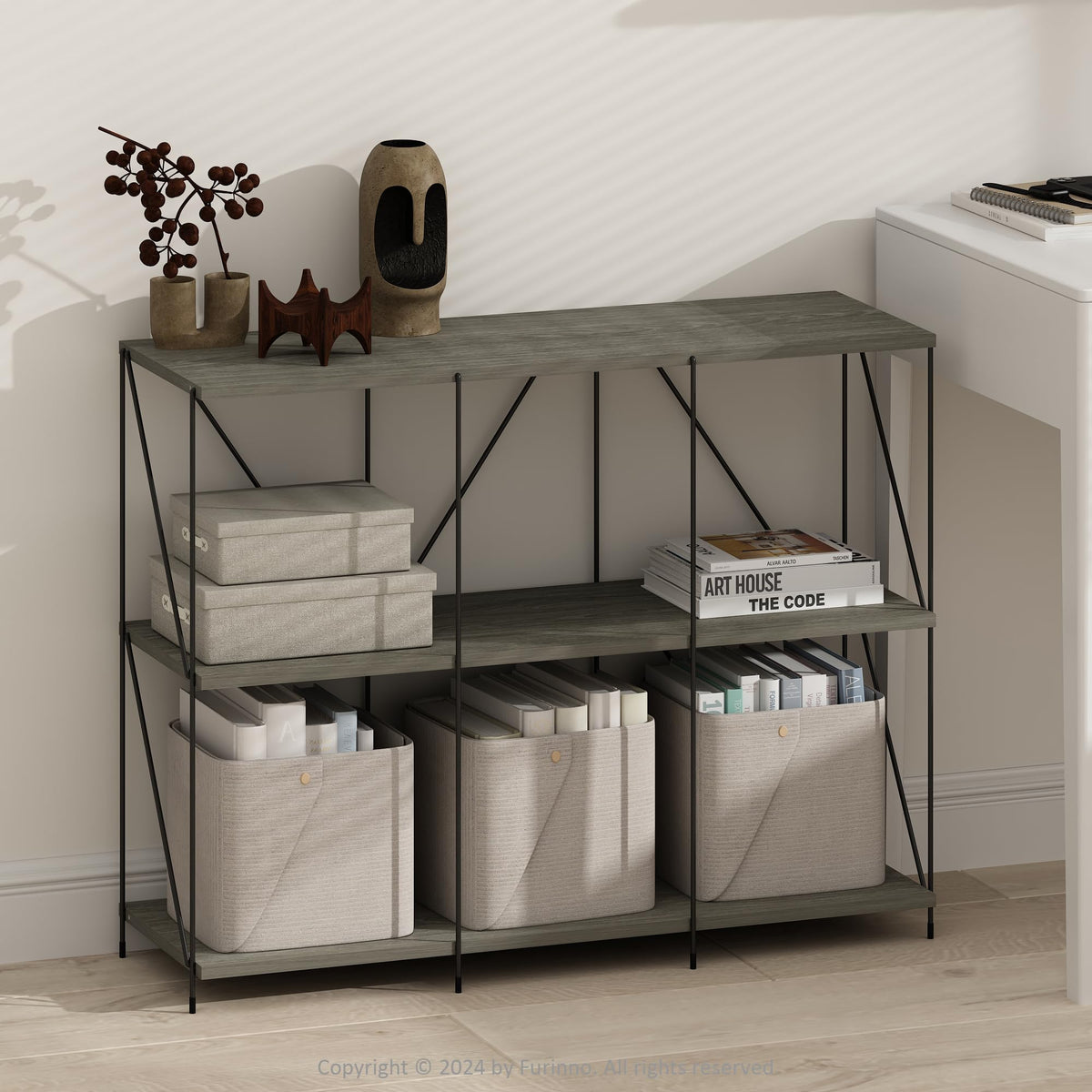 Furinno Wire 3-Tier Industrial Style Metal Frame Bookcase, Display Shelf, 35 Wide, Finn Oak