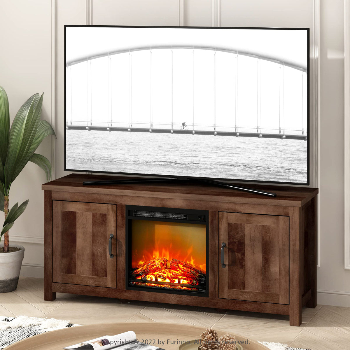 Furinno Jensen Farmhouse Barn Door Fireplace Stand With Storage Cabinet For Tv Up To 60 Inch, Rustic Brown