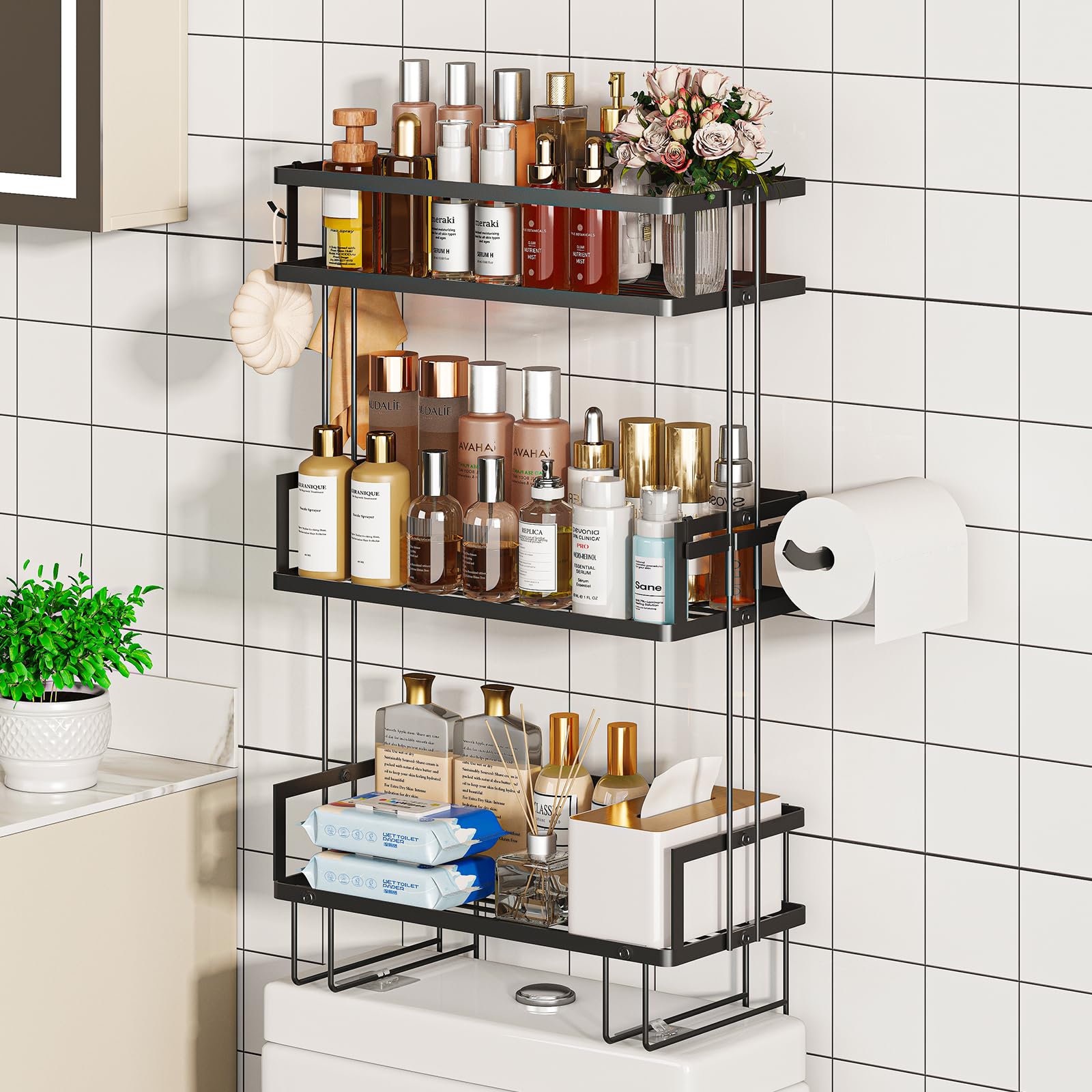 Godboat Bathroom Organizers And Storage, 3-Tier Wall Shelves, Over Toilet Rack With Paper Holder And 2 Hooks, Floating Shelf & Accessories, Gifts For Women, Mom, Mothers Day (Black)