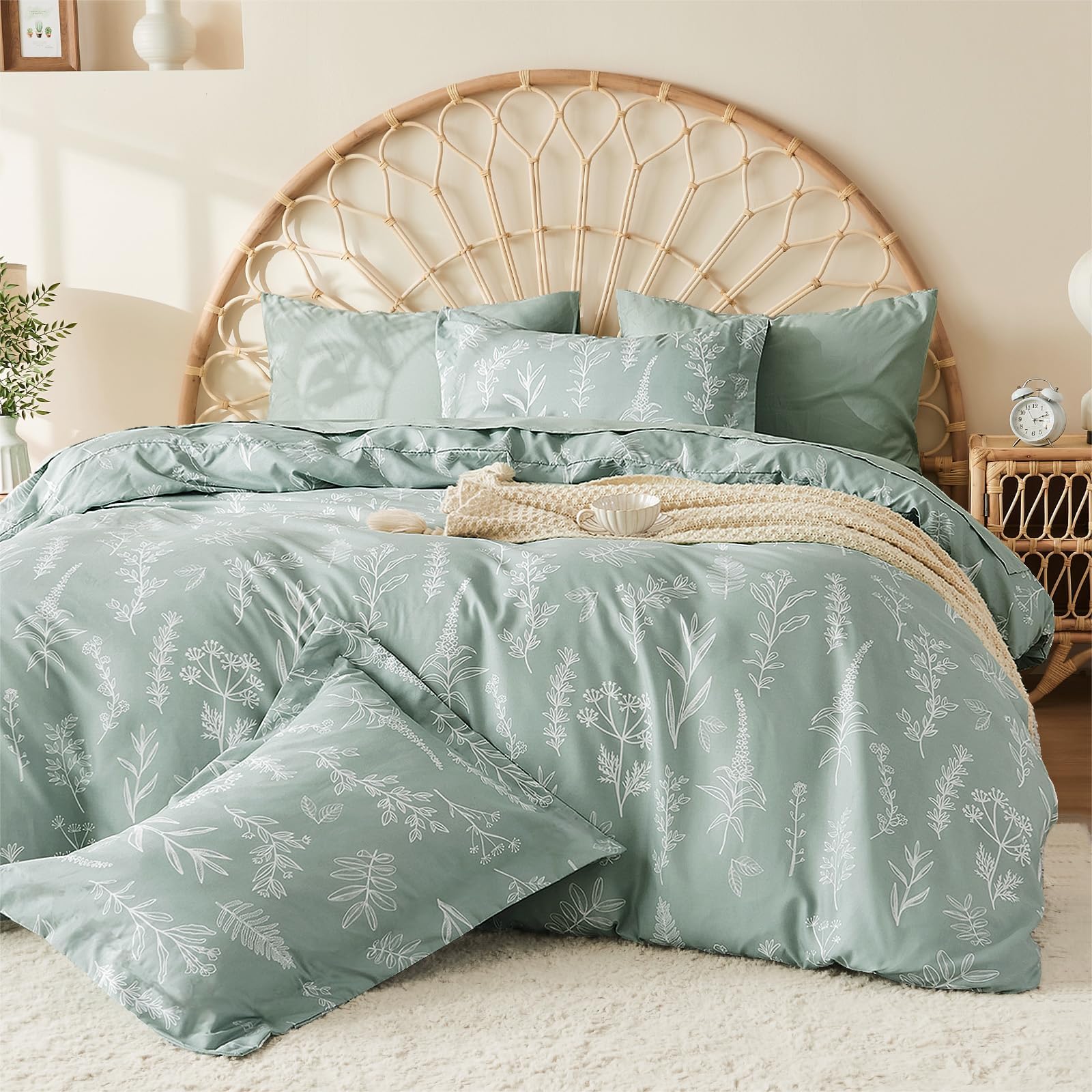 Muxhomo Duvet Cover Full Size, Reversible Floral Green Duvet Cover Set With Zipper Closure, 3 Pieces Botanical Patterns Soft Mic