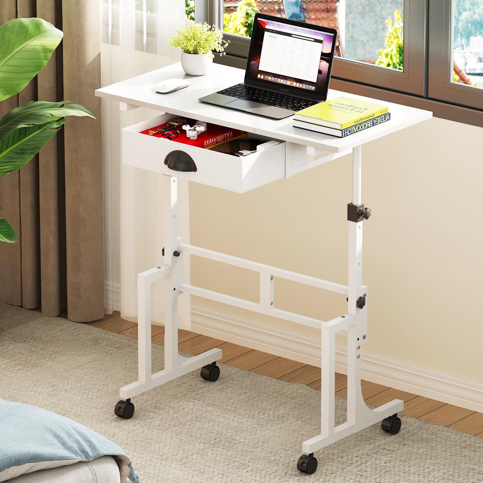Adjustable Height Standing Desk With Drawer, Rolling Sit Stand Up Desk With Wheels, Small Sit To Stand Computer Desk, Adjustable
