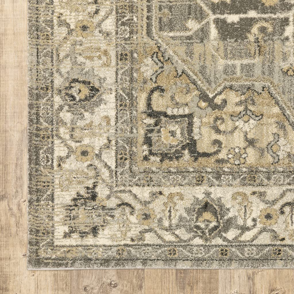 HomeRoots Polypropylene 2’ x 8’ Beige and Gray Traditional Medallion Indoor Runner Rug