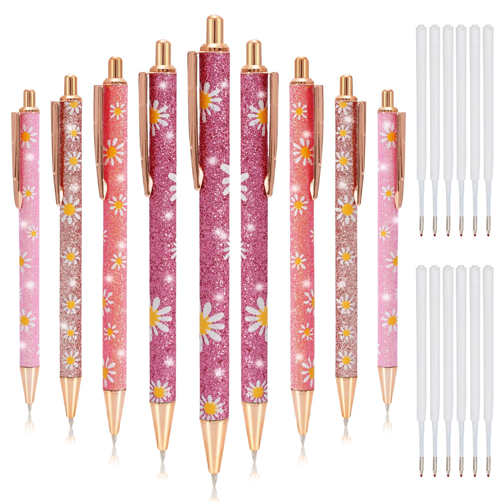 Whaline 9 Pcs Daisy Style Ballpoint Pens Sparkly Glitter Colorful Metal Retractable Writing Pens With 10 Pcs Black Ink Refills B