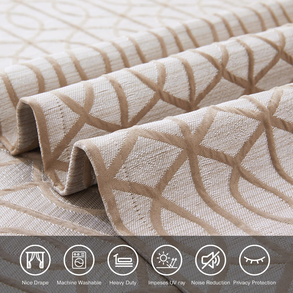 Light Khaki And Silvery 100% Blackout Curtains 63 Inch Length 2 Panels, Jacquard Thermal Insulated Noise Reducing Grommet Drapes