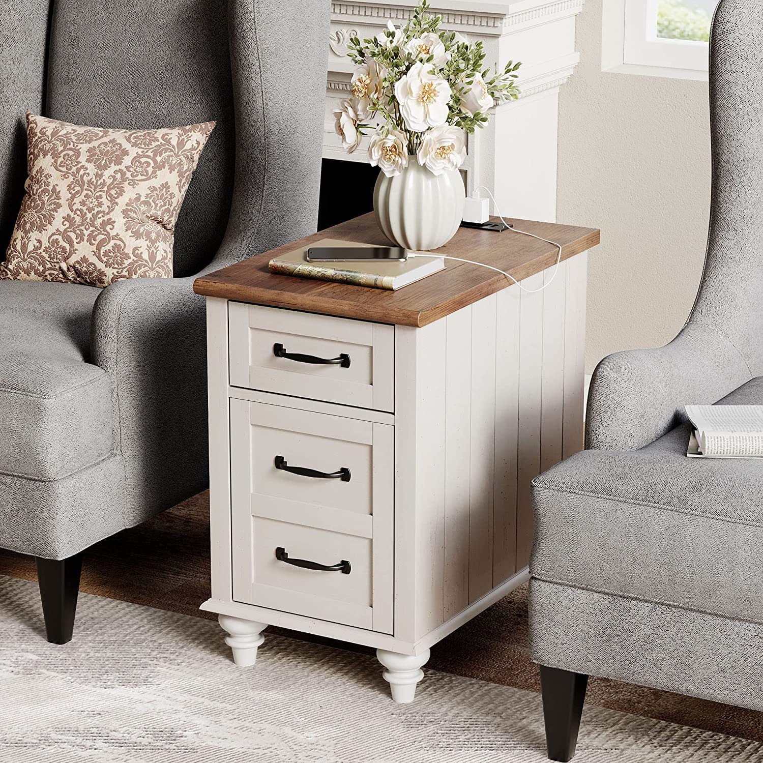 Wampat End Table With Charging Station, White Side Table With Storage Cabinet And Drawer, Wood Nightstand With Power Outlets & Usb Ports For Bedroom, Living Room