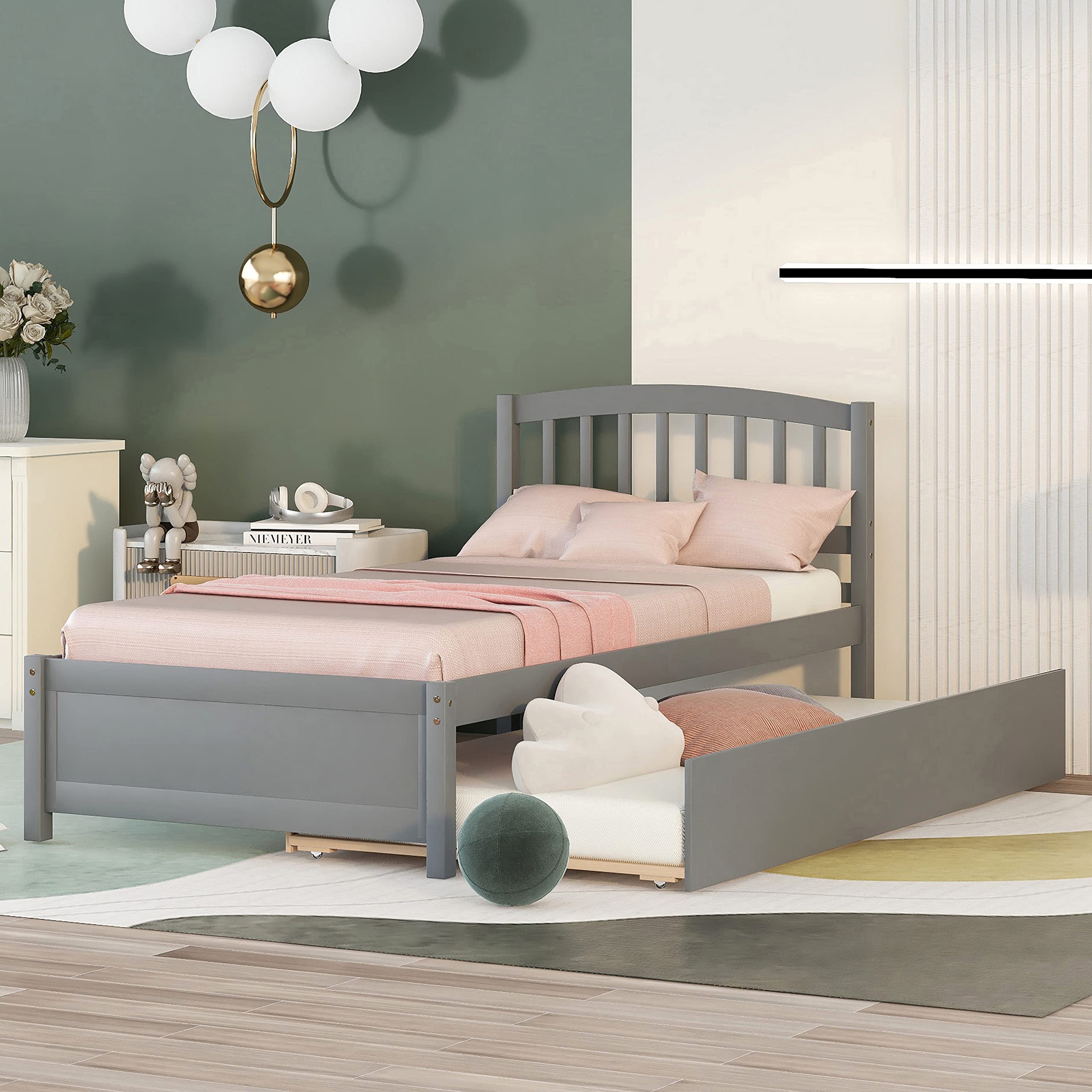 Harper & Bright Designs Wood Platform Bed with Trundle, Twin Size Bed and Trundle Bed, Pine Wood Bed Frame with Headboard for Ki