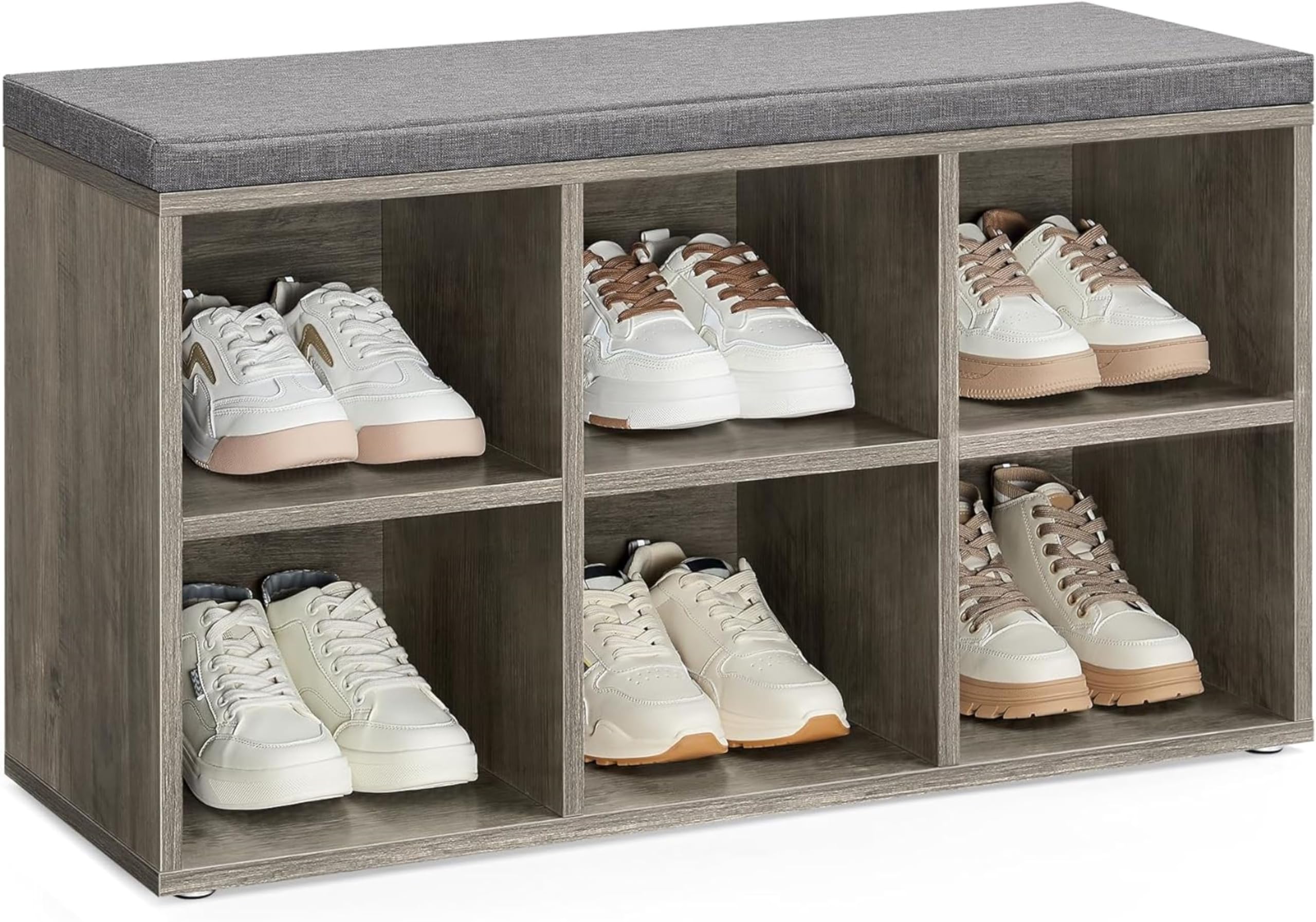 VASAGLE Shoe Bench with Cushion, Shoe Storage Bench with 6 Compartments and 3 Adjustable Shelves, Entryway Bench with Padded Sea