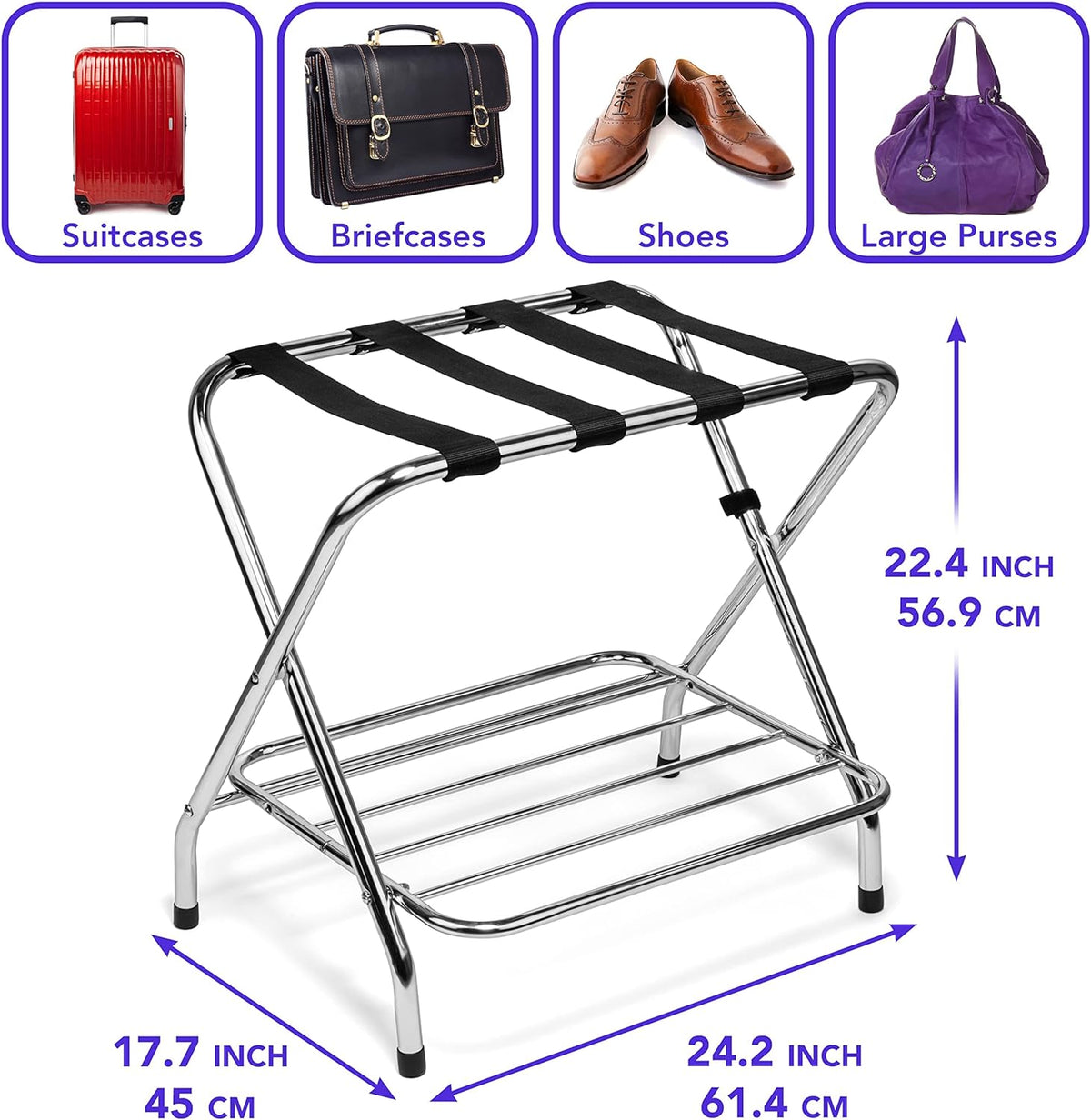 2-Tier Folding Luggage Rack with Nylon Straps, Rubber Feet, Chrome Finish