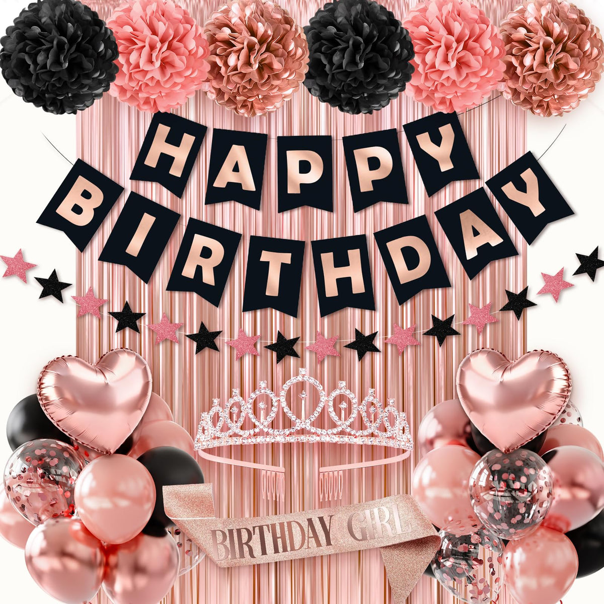 Rose Gold Birthday Decorations, 44Pcs Black & Rose Gold Birthdays Banner with Birthday Girl Sash Crown Fringe Curtain & Foil Bal