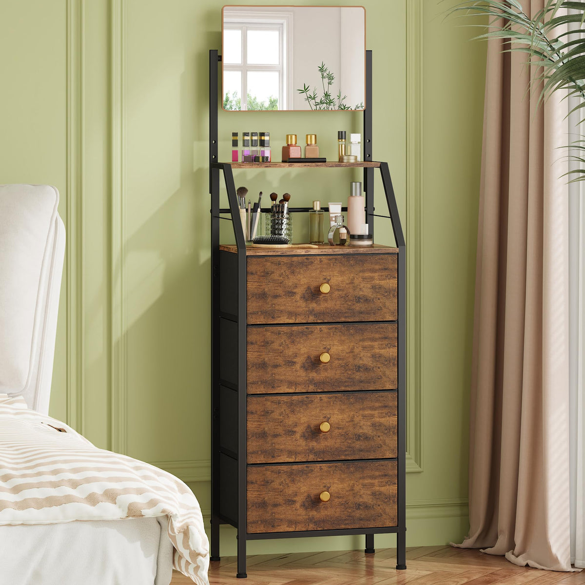 HIGDBFE Dresser with Mirror, 4 Drawers Dresser with 2-Tier Shelves, Freestanding Fabric Chest of Drawers for Small Space, Tall N