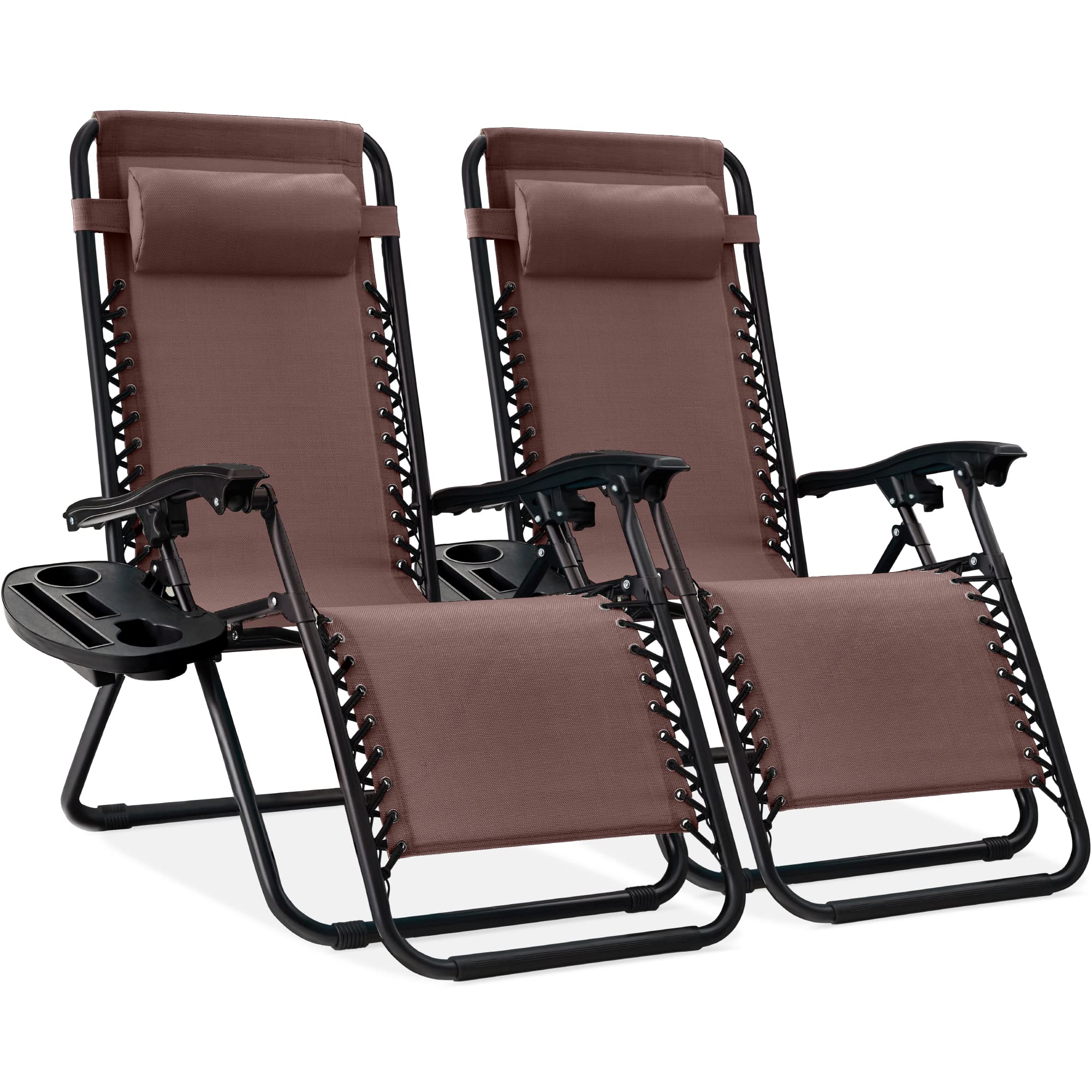 Best Choice Products Set of 2 Adjustable Steel Mesh Zero Gravity Lounge Chair Recliners w/Pillows and Cup Holder Trays - Brown