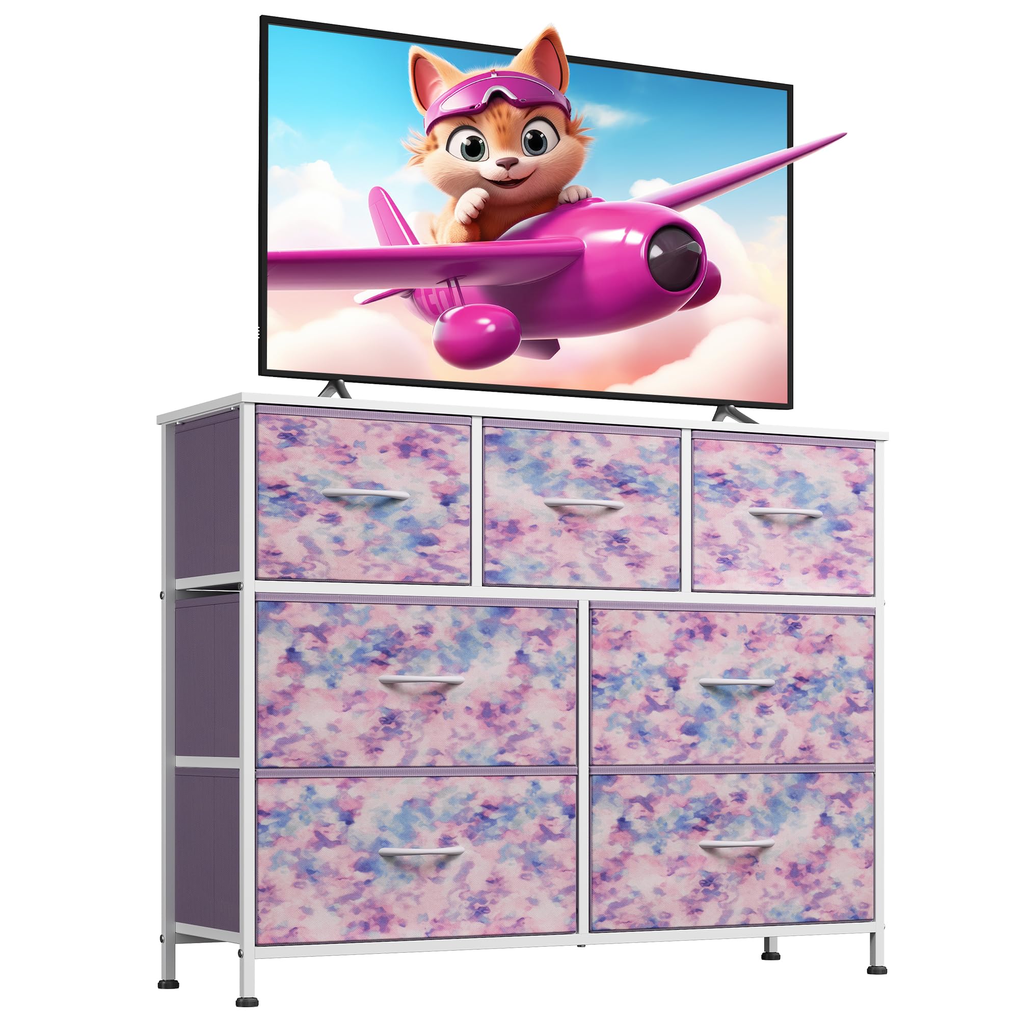 WLIVE 7 Drawer Dresser TV Stand, Entertainment Center, Media Console Table with Wood Top for TV up to 45 inch, Chest of Drawers 