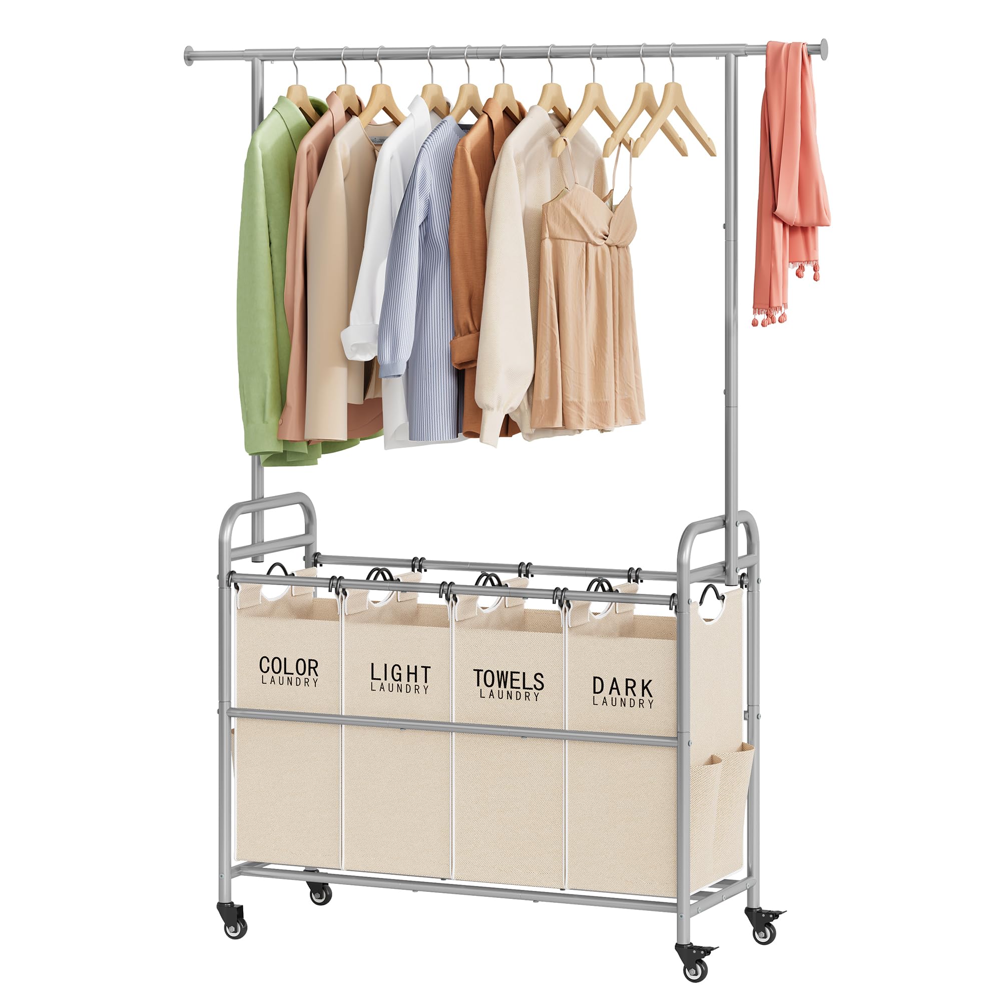 Tajsoon Laundry Hamper with Hanging Rack, Laundry Sorter 4 Sections, 4 Basket Butler with Lockable Wheels and Removable Bag, Rol