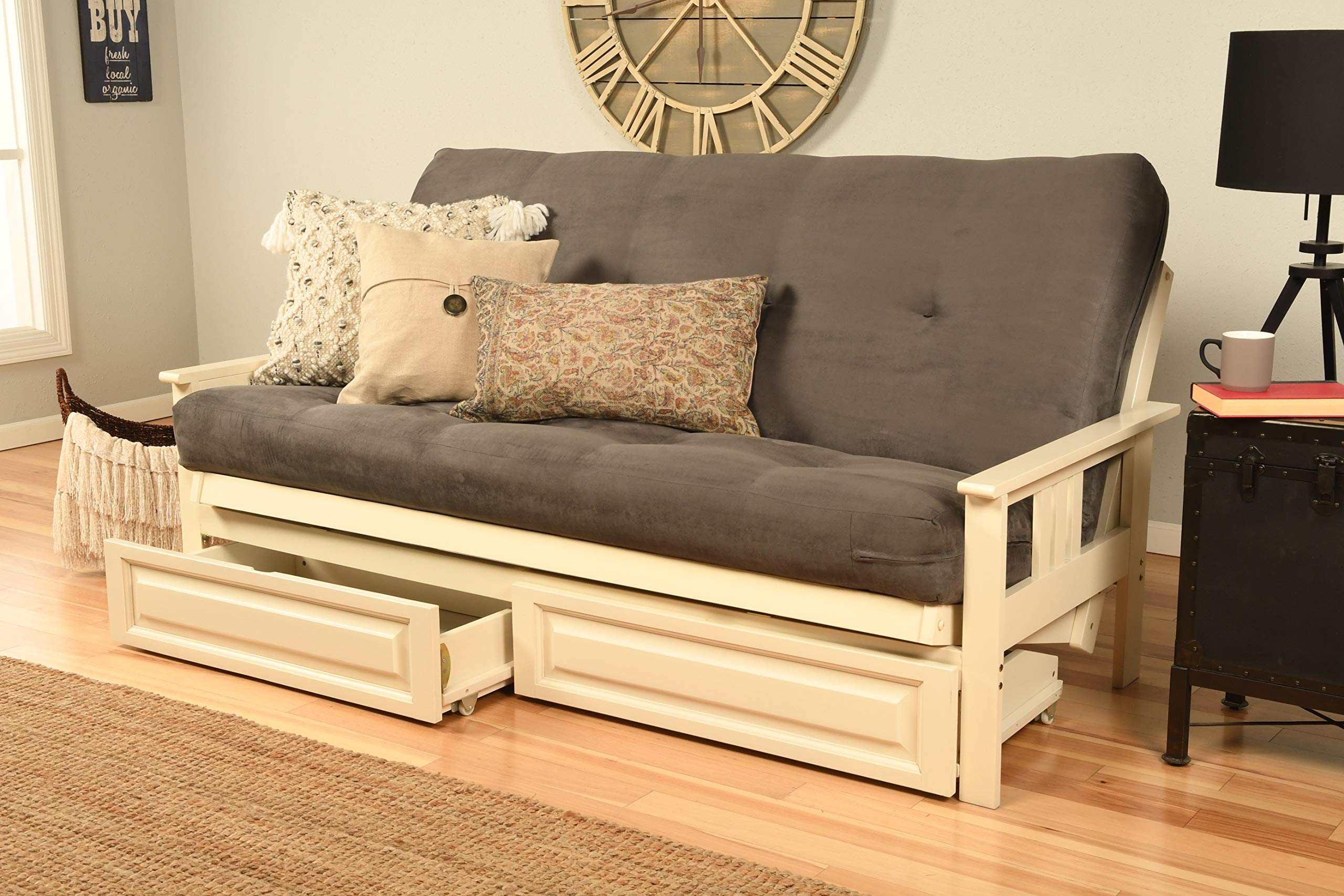 Kodiak Furniture Monterey Futon Set With Storage Drawers, With Antique White Base And Suede Grey Mattress
