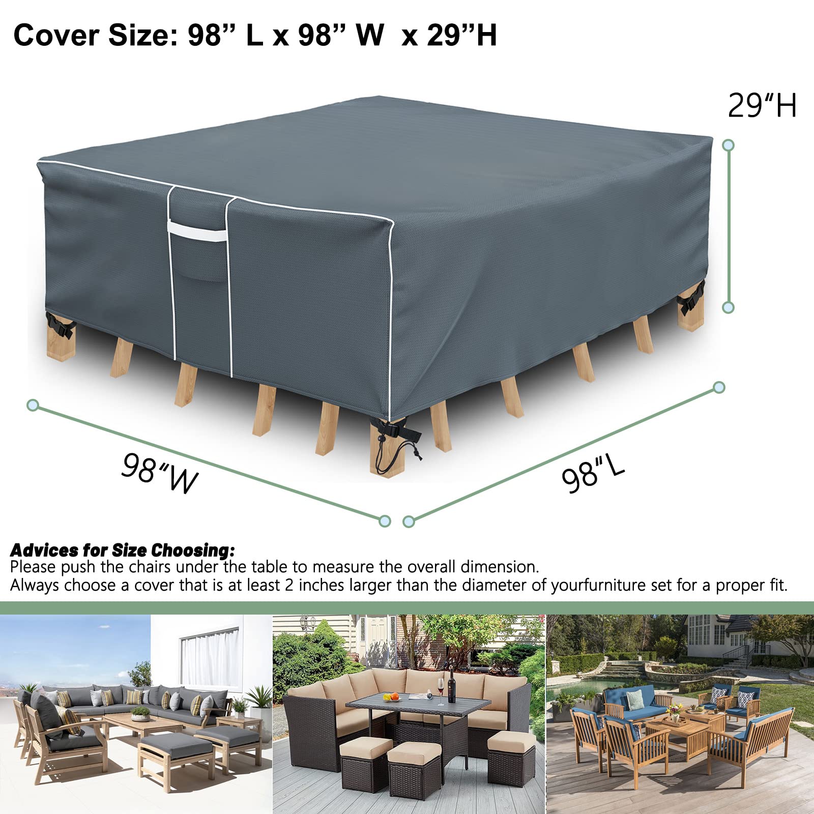 Square Patio Furniture Covers, Waterproof Outdoor Furniture Cover, 500D Heavy Duty, All Weather Protection Patio Covers For Outdoor Dining Table Set, 98' L X 98' W X 29' H -Grey