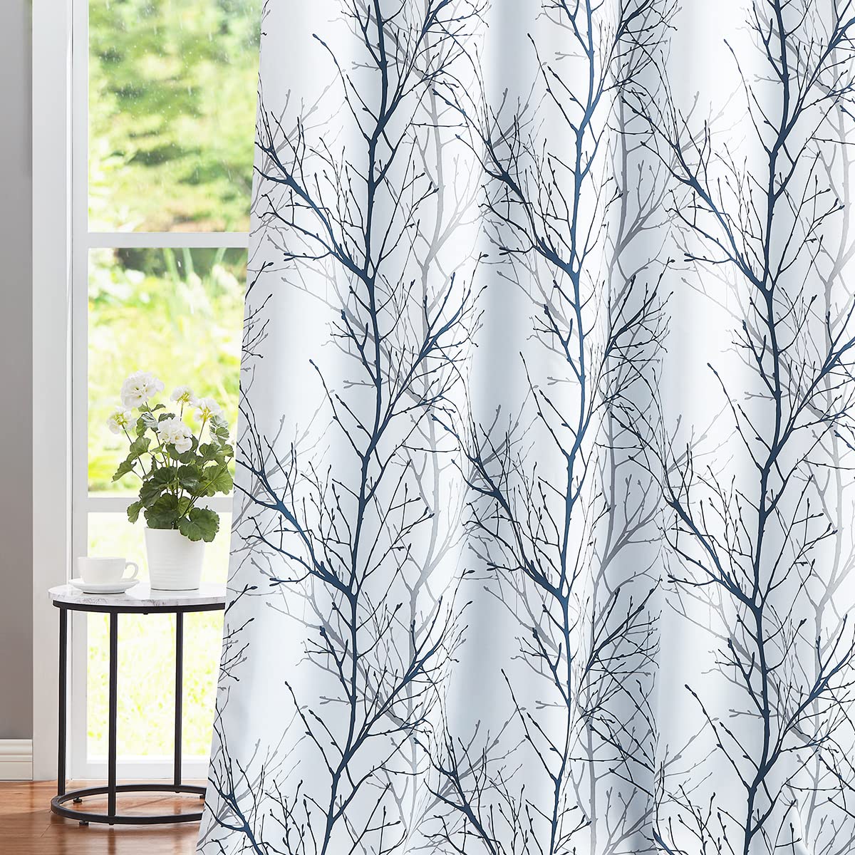 Fmfunctex Blue White Blackout Curtains For Bedroom Living Room Modern Tree Branch Print Curtains 108' Extra Long Thermal Insula