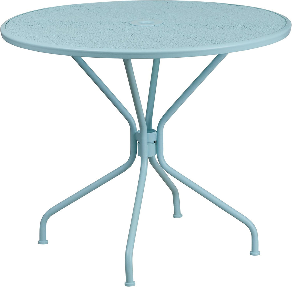 Commercial Grade 35.25 Round Sky Blue Indoor-Outdoor Steel Patio Table Set with 4 Square Back Chairs