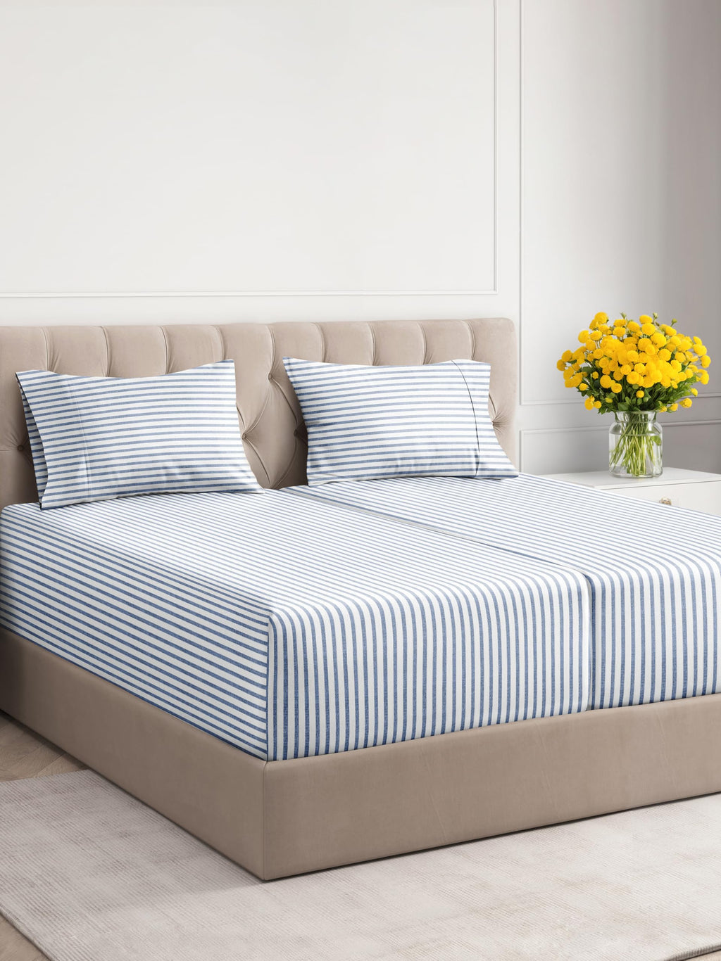 Extra Deep Pocket Split King Sheets - 5 Piece Breathable & Cooling Bed Sheets - Hotel Luxury Bed Sheet Set - Soft, Wrinkle Free & Comfy - Easily Fits Extra Deep Mattresses - Blue Striped Sheets Set