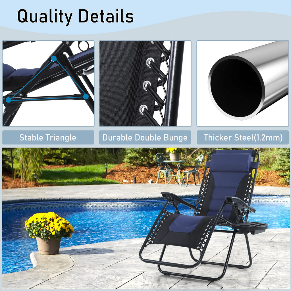 Phi Villa Set Of 2 Padded Zero Gravity Lounge Chair Oversized Folding Patio Recliner With Adjustable Headrest & Cup Holder, Support 350 Lbs(Blue)