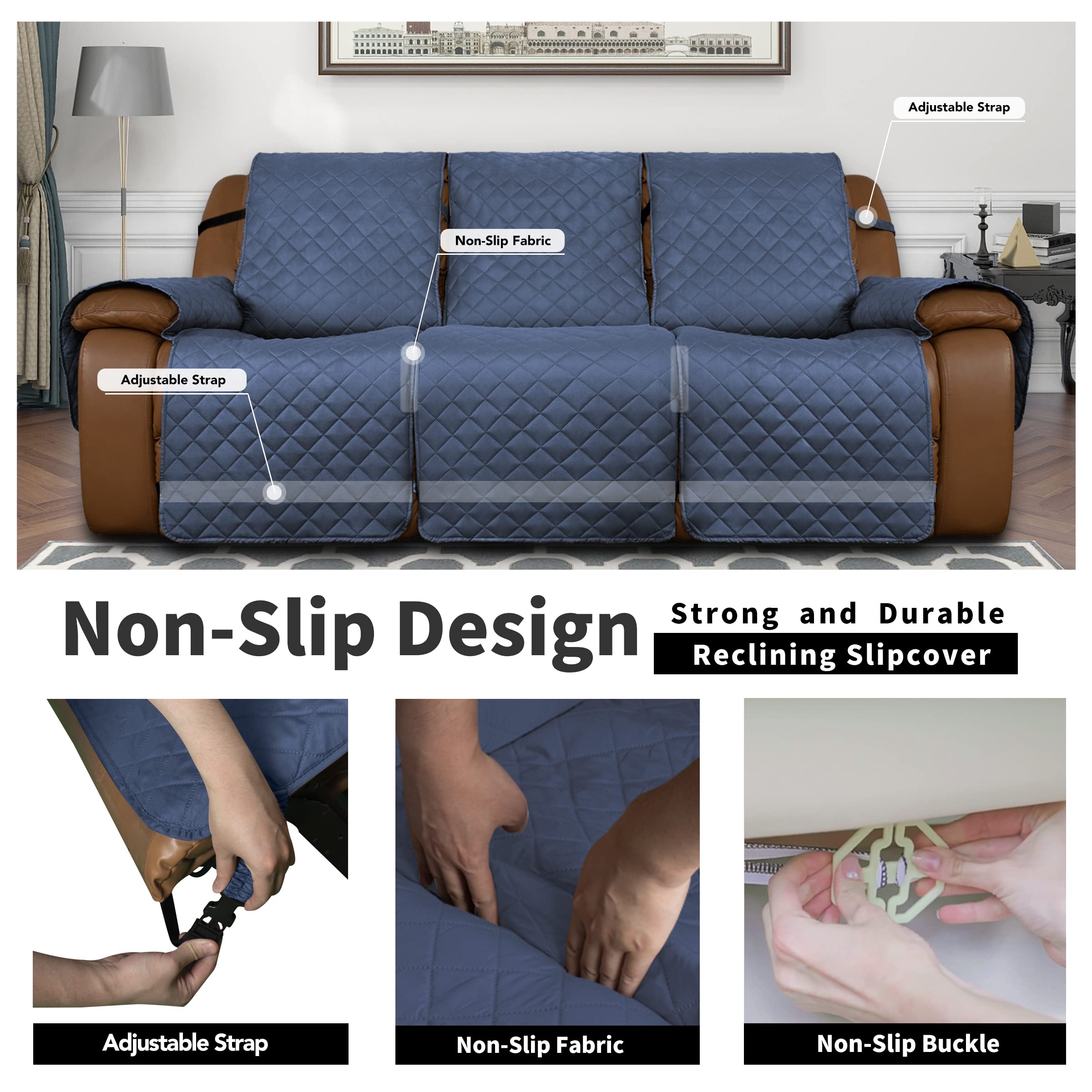 Easy-Going Oversized Recliner Sofa Cover, Reversible Couch Cover For 3 Seat Recliner, Split Sofa Cover For Each Seat With Elastic Straps For Kids, Dogs, Pets (3 Seater, Dark Blue/Dark Blue)