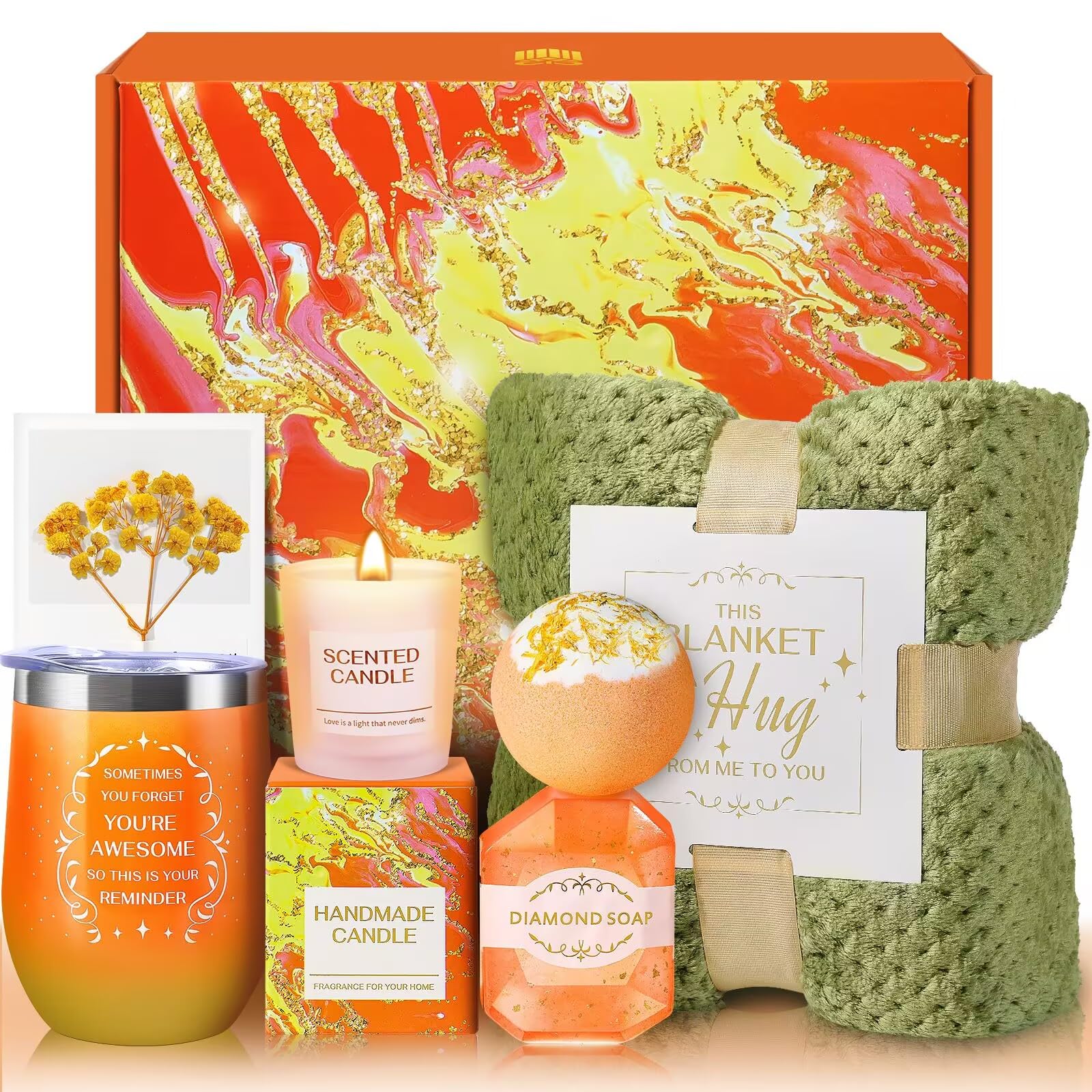 Birthday Gifts For Women, Get Well Soon Gifts, Orange Relaxing Spa Gifts Basket With Luxury Flannel Blanket, Unique Valentines D