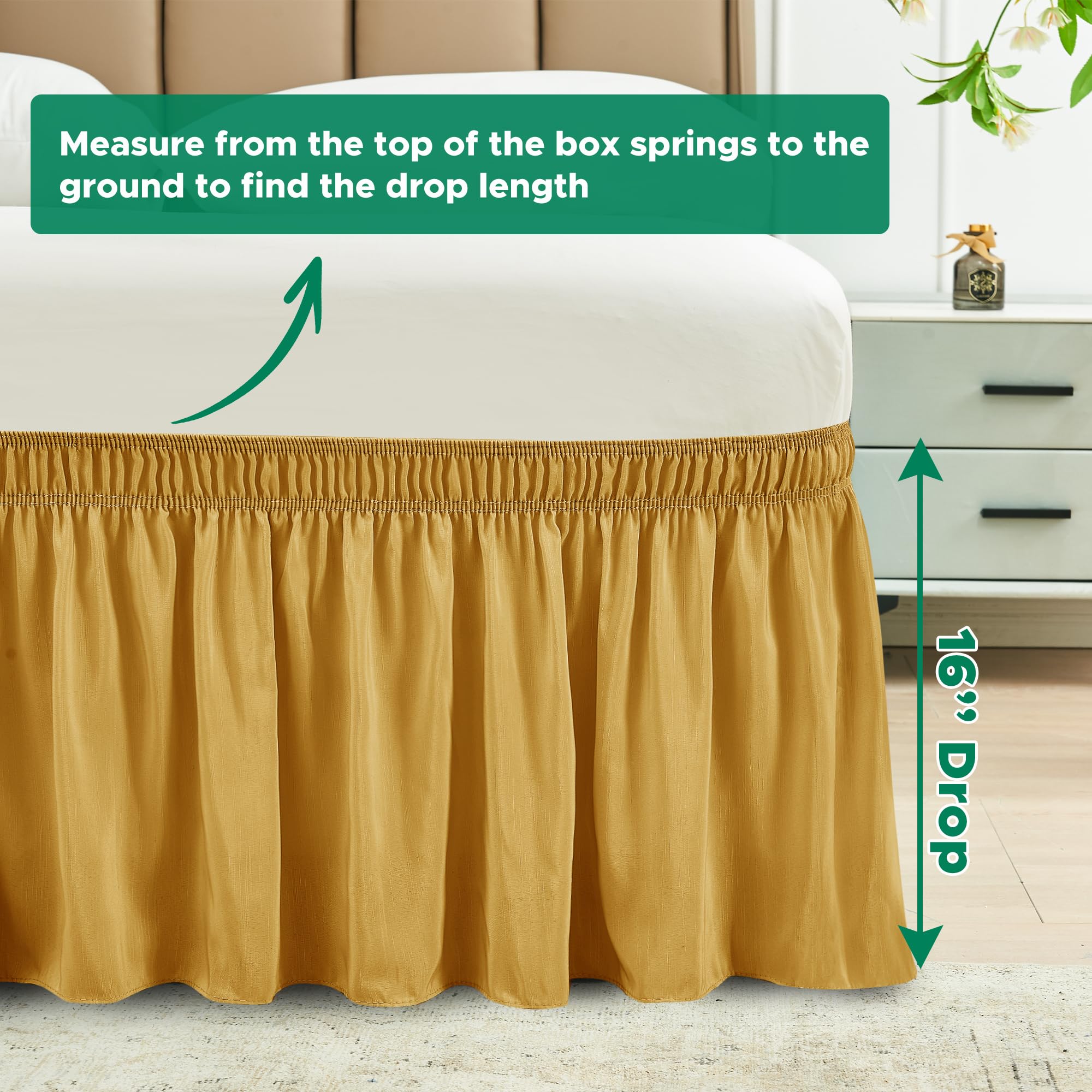 Biscaynebay Wrap Around Bed Skirts For King & Cal King Beds 16' Drop, Gold Adjustable Elastic Dust Ruffles Easy Fit Wrinkle Resistant Silky Luxurious Fabric Machine Washable