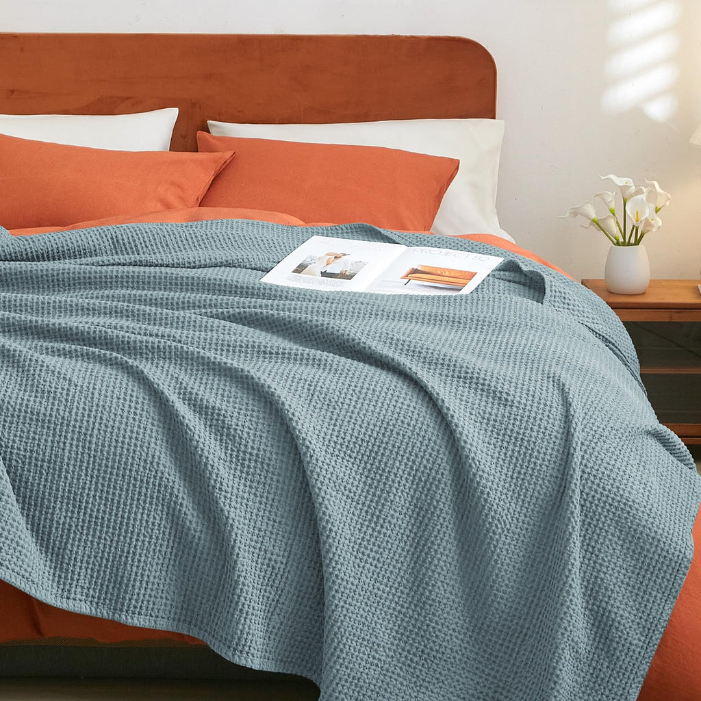 Phf 100% Cotton Waffle Weave Blanket Twin Size 66'X90'-Lightweight Washed Soft Breathable Blanket For All Season-Perfect Blank
