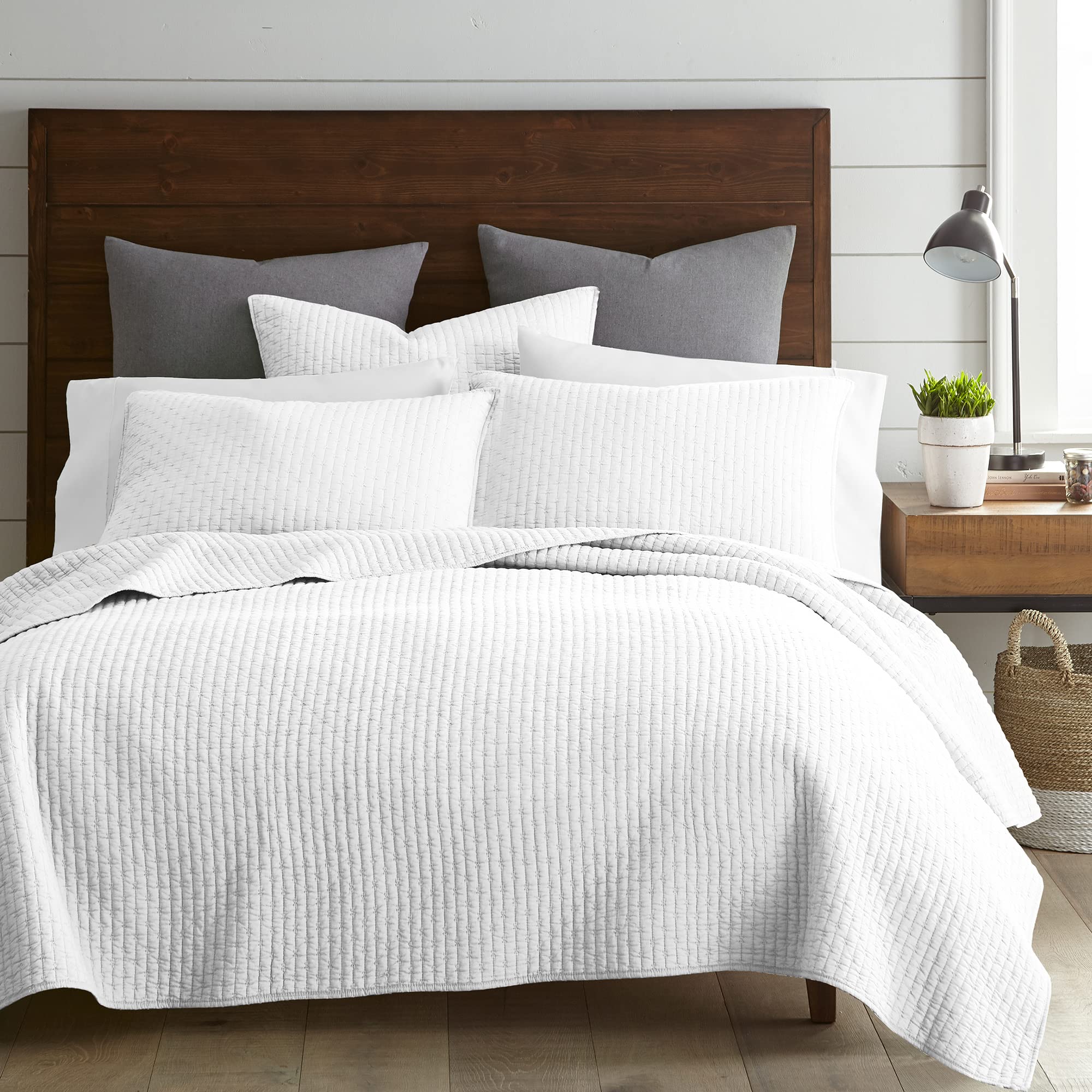 Levtex Home - Cross Stitch Bright White Quilt Set - 100% Cotton - King/Cal King Quilt (106X92In.) + 2 King Shams (36X20In.) - Re